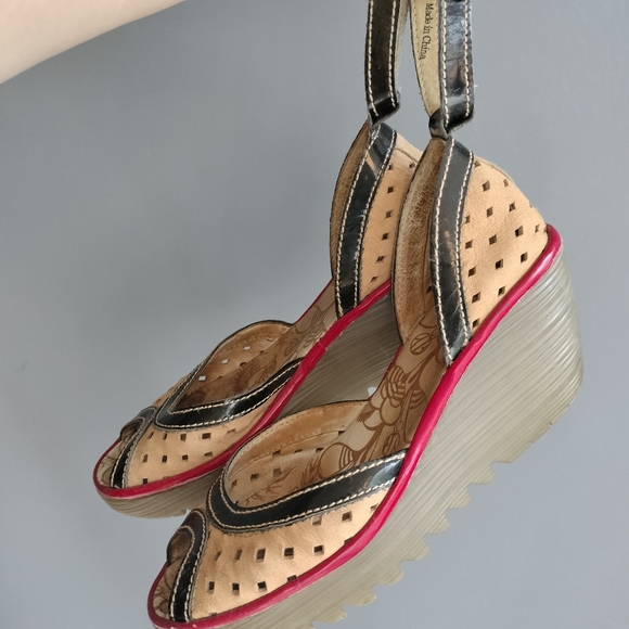 fly london peeptoe wedge platform shoes, size 7.5m / 38 , ankle straps - Picture 2 of 6
